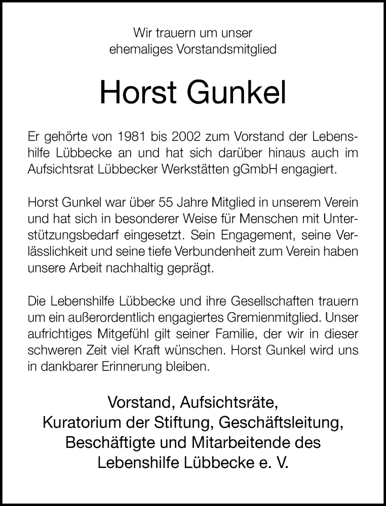  Traueranzeige für Horst Gunkel vom 07.02.2026 aus Neue Westfälische und Westfalen-Blatt