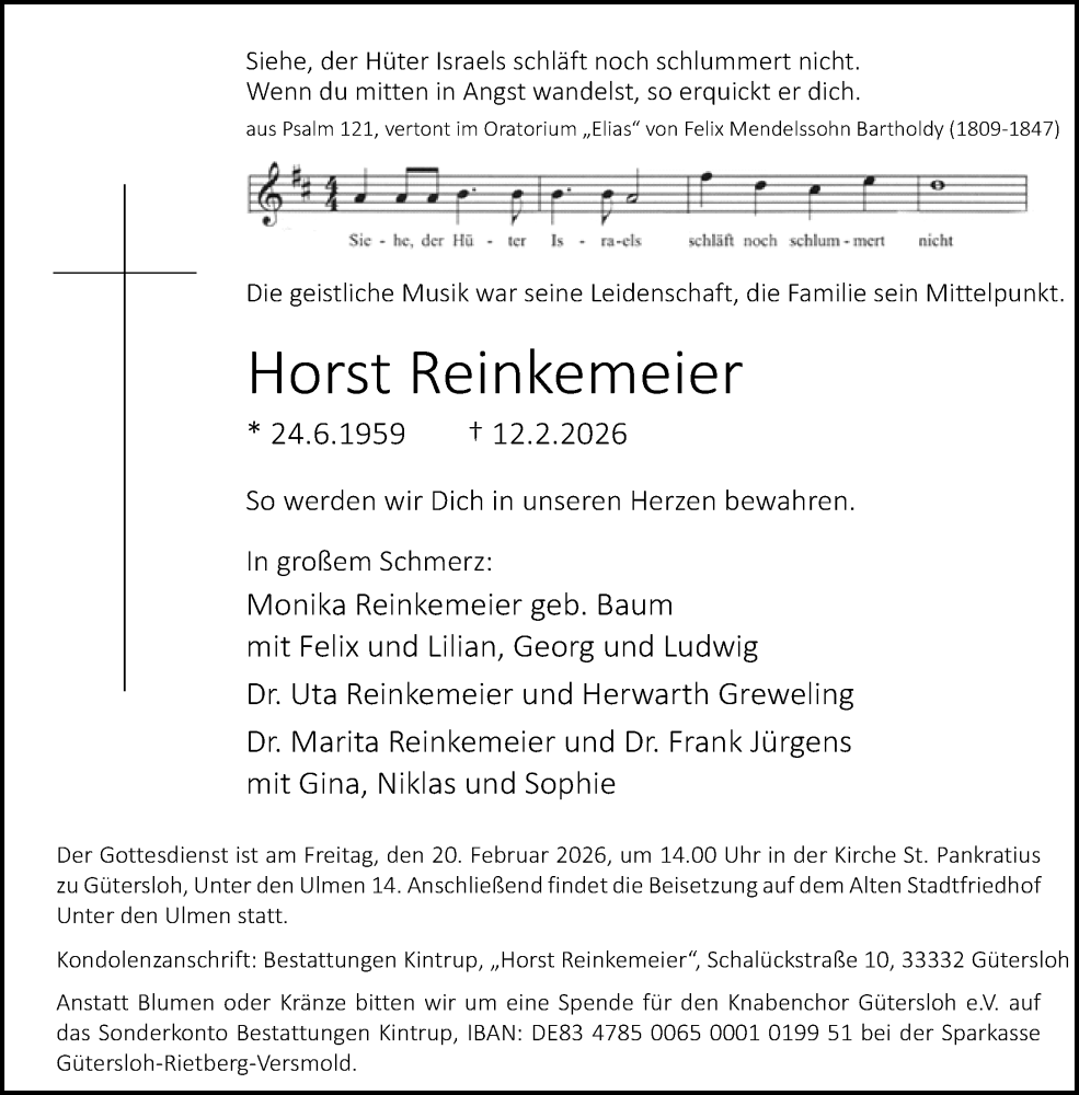  Traueranzeige für Horst Reinkemeier vom 14.02.2026 aus Neue Westfälische und Westfalen-Blatt