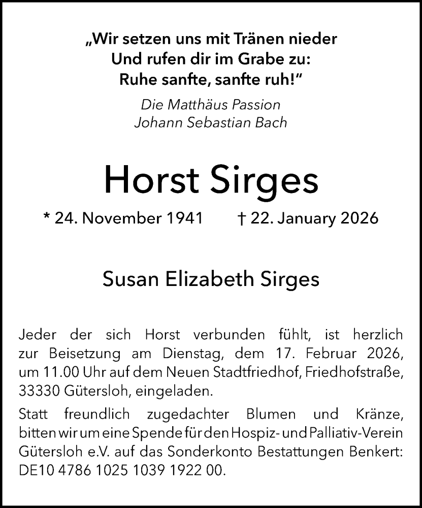  Traueranzeige für Horst Sirges vom 14.02.2026 aus Neue Westfälische und Westfalen-Blatt