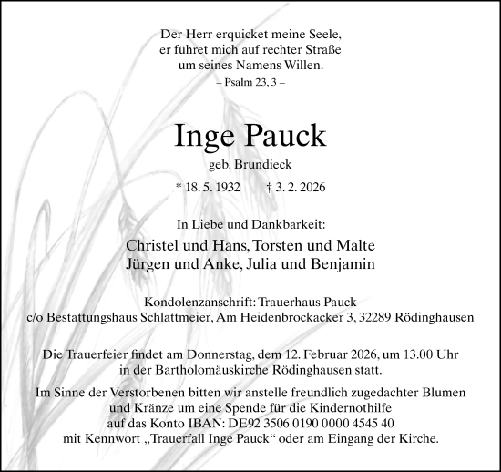 Traueranzeige von Inge Pauck von Neue Westfälische und Westfalen-Blatt