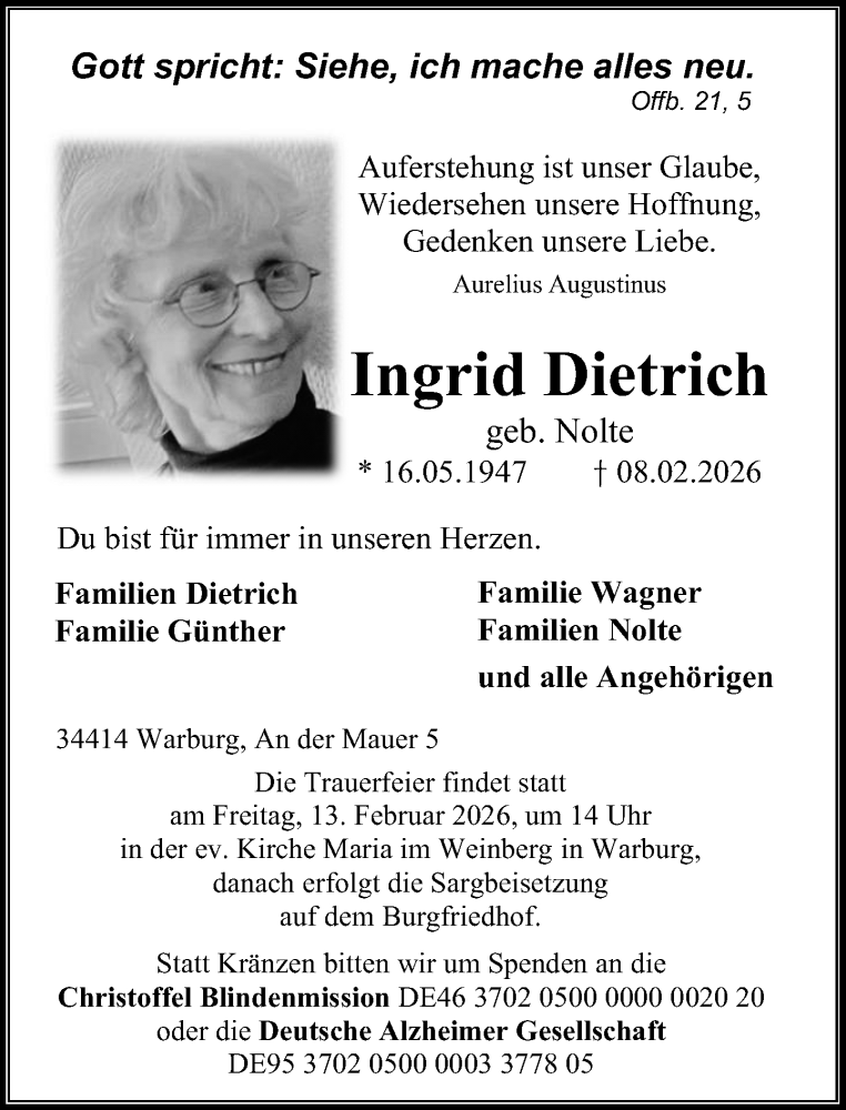  Traueranzeige für Ingrid Dietrich vom 10.02.2026 aus Neue Westfälische und Westfalen-Blatt