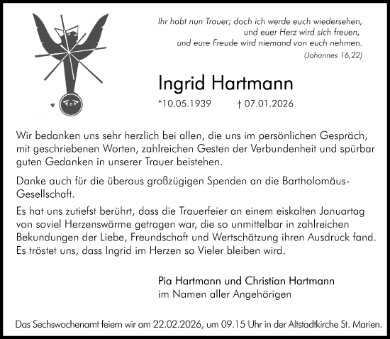 Traueranzeige von Ingrid Hartmann von Neue Westfälische und Westfalen-Blatt