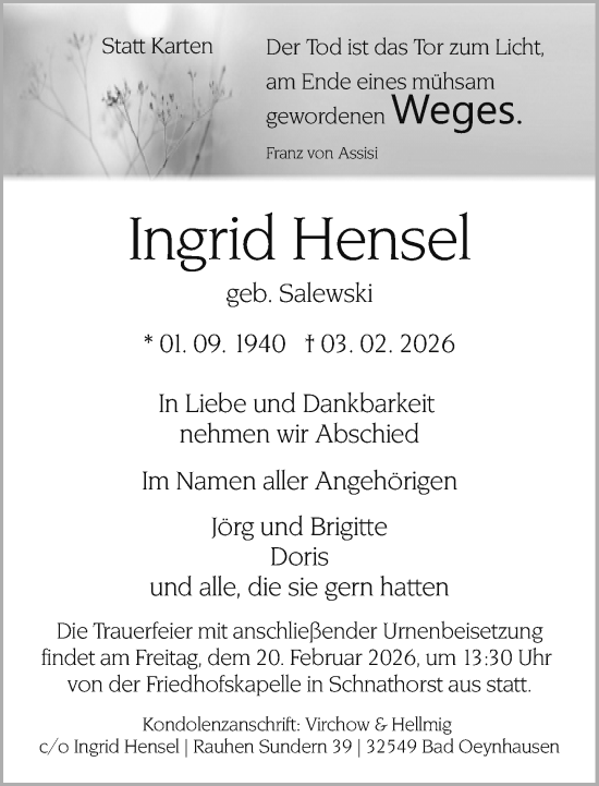 Traueranzeige von Ingrid Hensel von Neue Westfälische und Westfalen-Blatt