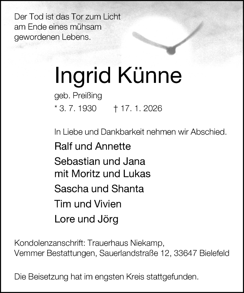  Traueranzeige für Ingrid Künne vom 07.02.2026 aus Neue Westfälische und Westfalen-Blatt