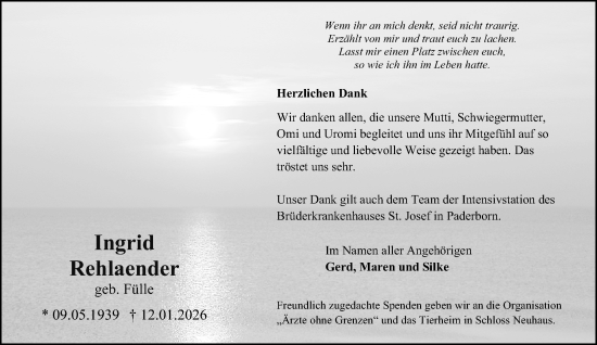 Traueranzeige von Ingrid Rehlaender von Neue Westfälische und Westfalen-Blatt