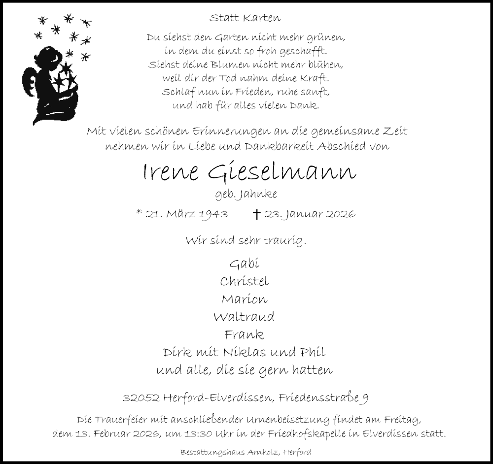  Traueranzeige für Irene Gieselmann vom 07.02.2026 aus Neue Westfälische und Westfalen-Blatt