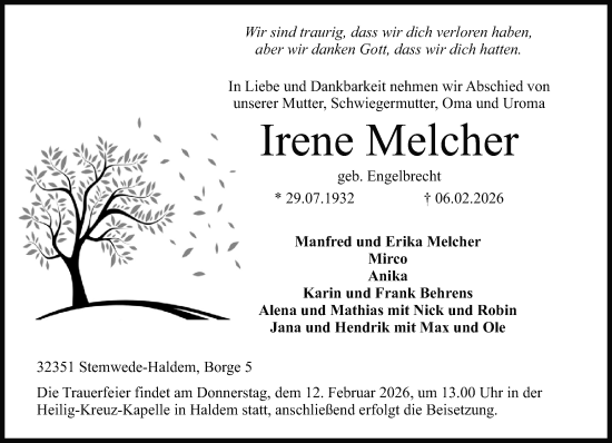 Traueranzeige von Irene Melcher von Neue Westfälische und Westfalen-Blatt