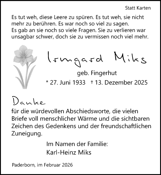 Traueranzeige von Irmgard Miks von Neue Westfälische und Westfalen-Blatt