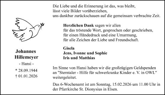 Traueranzeige von Johannes Hillemeyer von Neue Westfälische und Westfalen-Blatt