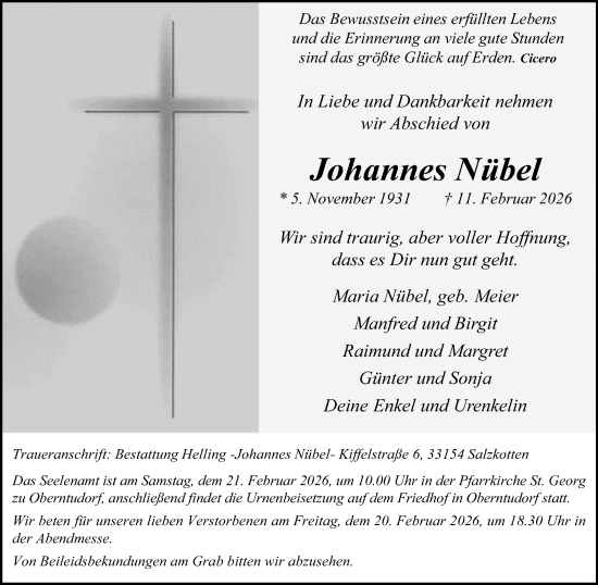 Traueranzeige von Johannes Nübel von Neue Westfälische und Westfalen-Blatt