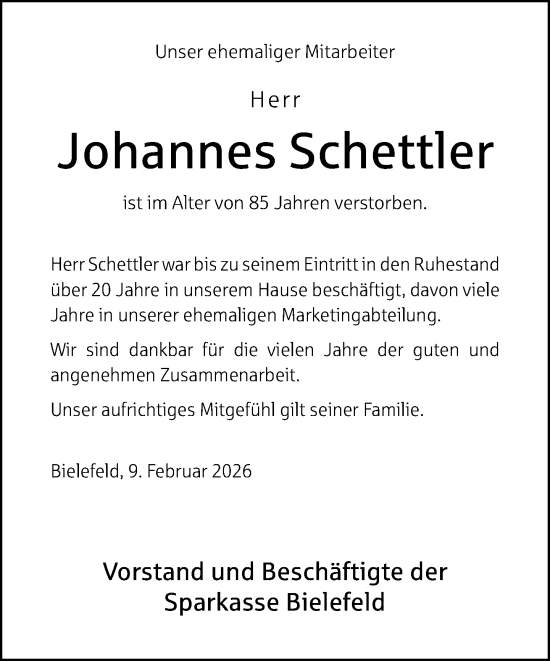 Traueranzeige von Johannes Schettler von Neue Westfälische und Westfalen-Blatt
