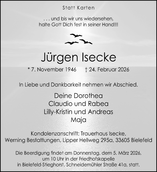 Traueranzeige von Jürgen Isecke von Neue Westfälische und Westfalen-Blatt