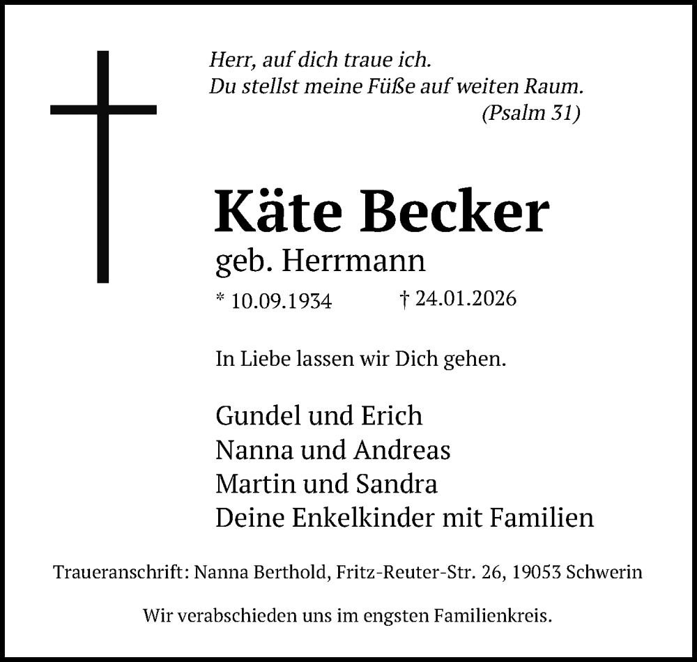  Traueranzeige für Käte Becker vom 14.02.2026 aus Neue Westfälische und Westfalen-Blatt