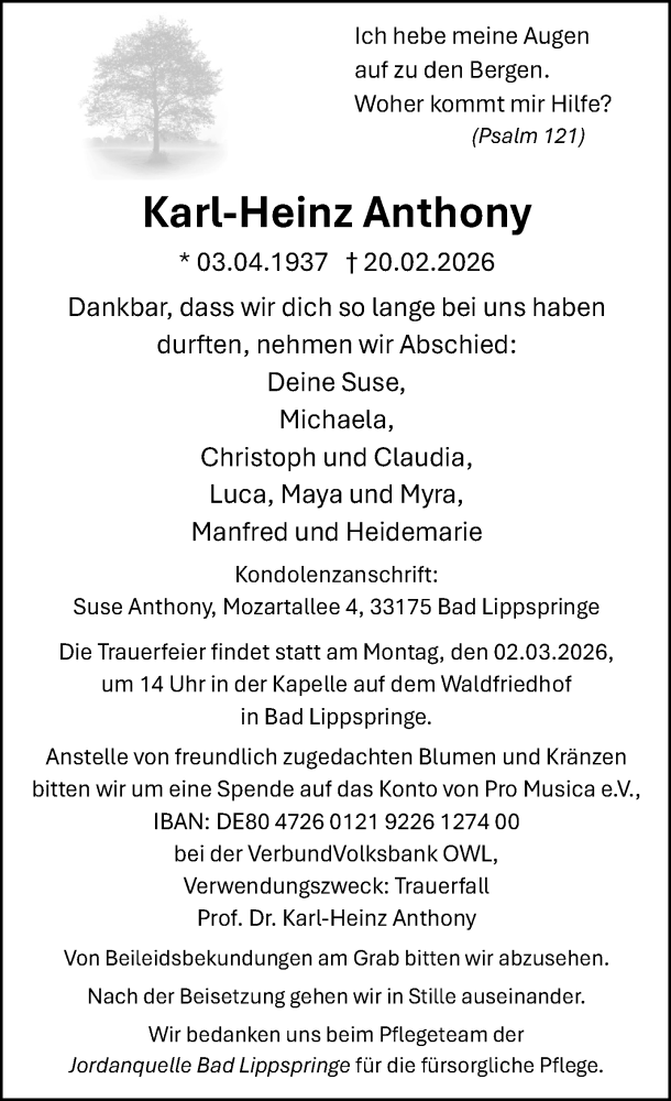  Traueranzeige für Karl-Heinz Anthony vom 25.02.2026 aus Neue Westfälische und Westfalen-Blatt