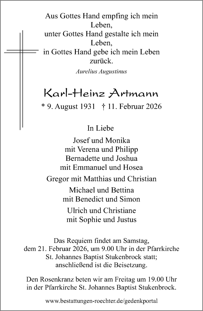  Traueranzeige für Karl-Heinz Artmann vom 14.02.2026 aus Neue Westfälische und Westfalen-Blatt