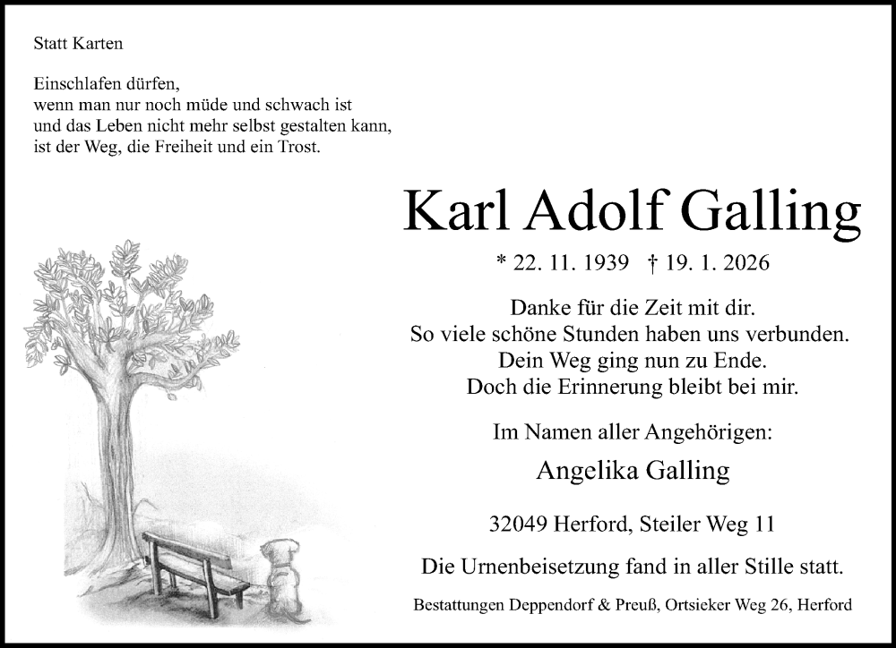  Traueranzeige für Karl Adolf Galling vom 14.02.2026 aus Neue Westfälische und Westfalen-Blatt