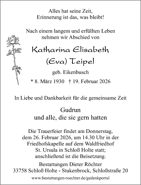 Traueranzeige von Katharina Elisabeth Teipel von Neue Westfälische und Westfalen-Blatt