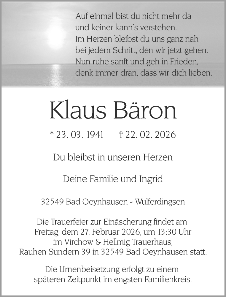 Traueranzeige für Klaus Bäron vom 25.02.2026 aus Neue Westfälische und Westfalen-Blatt