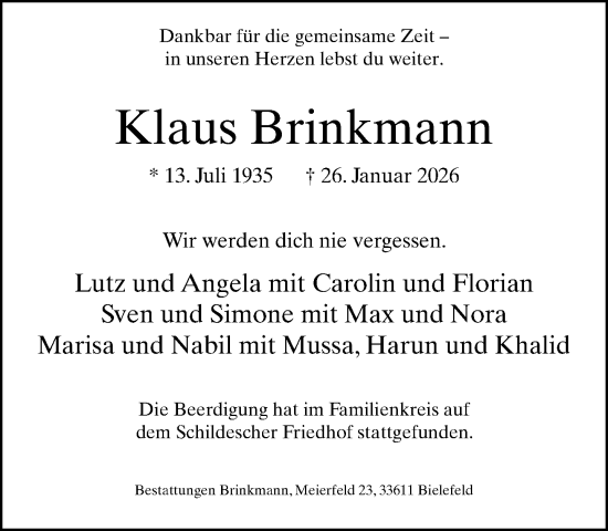 Traueranzeige von Klaus Brinkmann von Neue Westfälische und Westfalen-Blatt