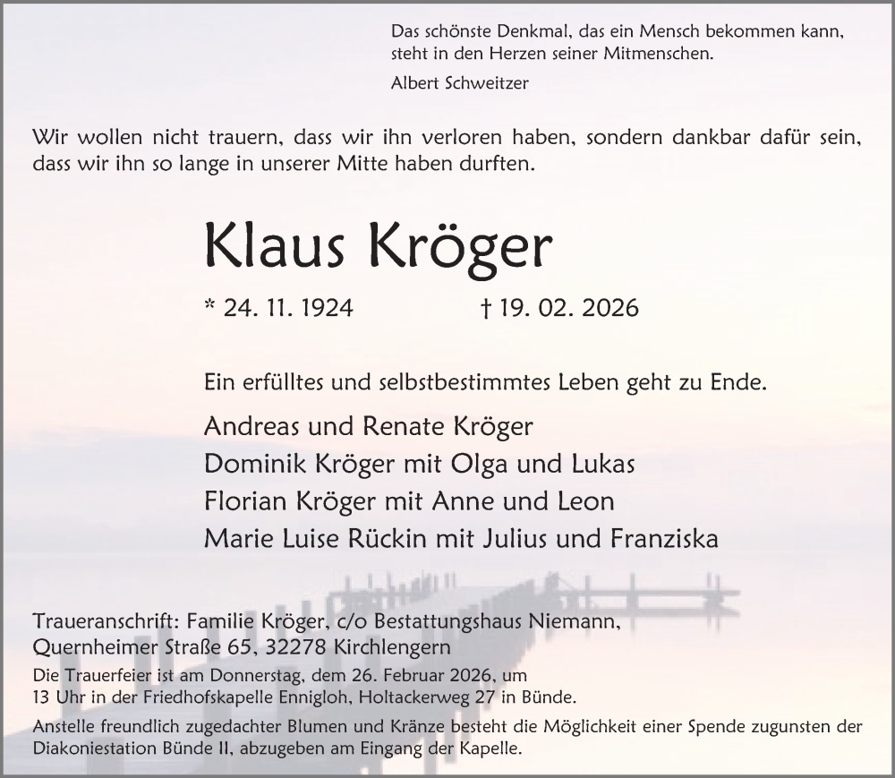  Traueranzeige für Klaus Kröger vom 21.02.2026 aus Neue Westfälische und Westfalen-Blatt