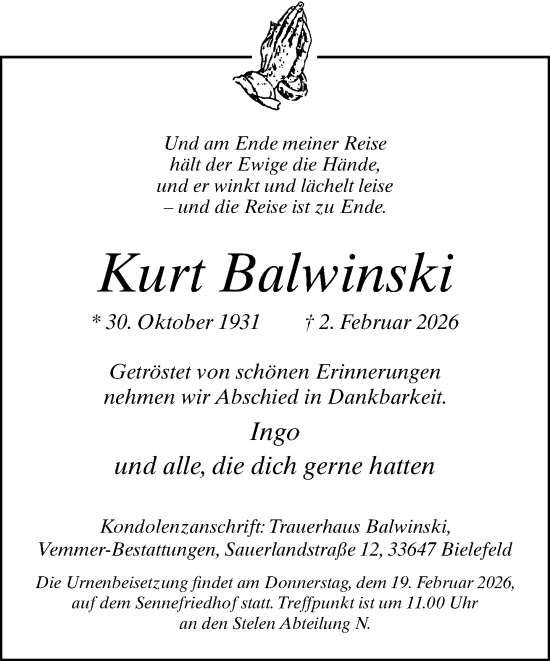 Traueranzeige von Kurt Balwinski von Neue Westfälische und Westfalen-Blatt
