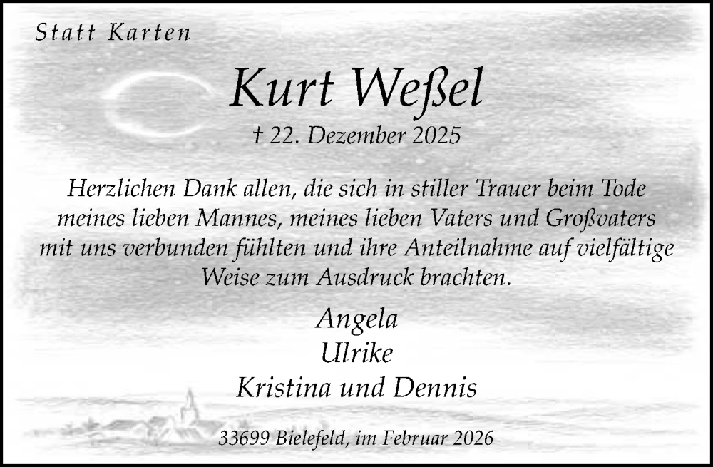  Traueranzeige für Kurt Weßel vom 07.02.2026 aus Neue Westfälische und Westfalen-Blatt