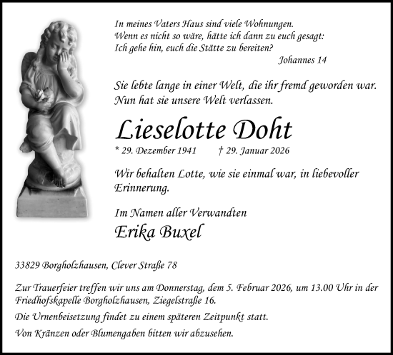 Traueranzeige von Lieselotte Doht von Neue Westfälische und Westfalen-Blatt