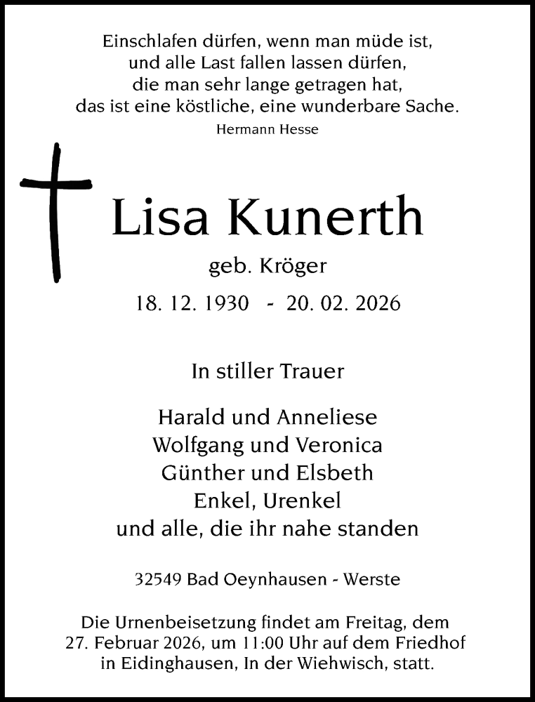 Traueranzeige für Lisa Kunerth vom 24.02.2026 aus Neue Westfälische und Westfalen-Blatt