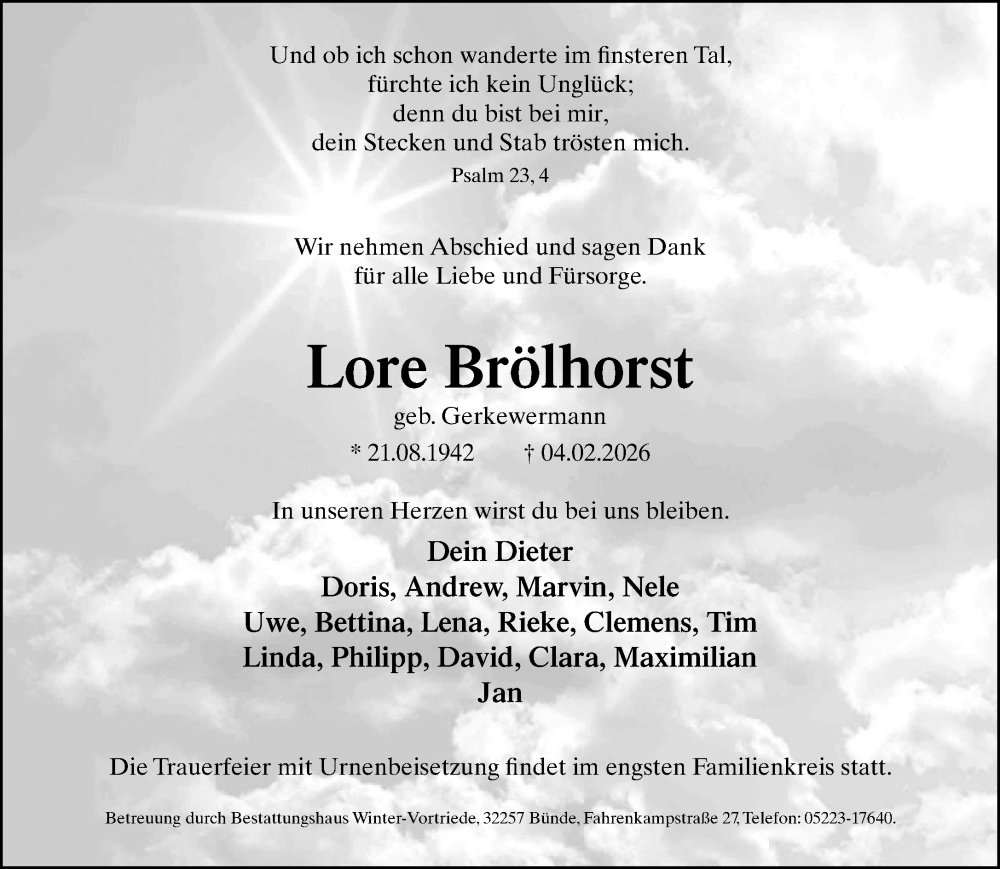  Traueranzeige für Lore Brölhorst vom 07.02.2026 aus Neue Westfälische und Westfalen-Blatt