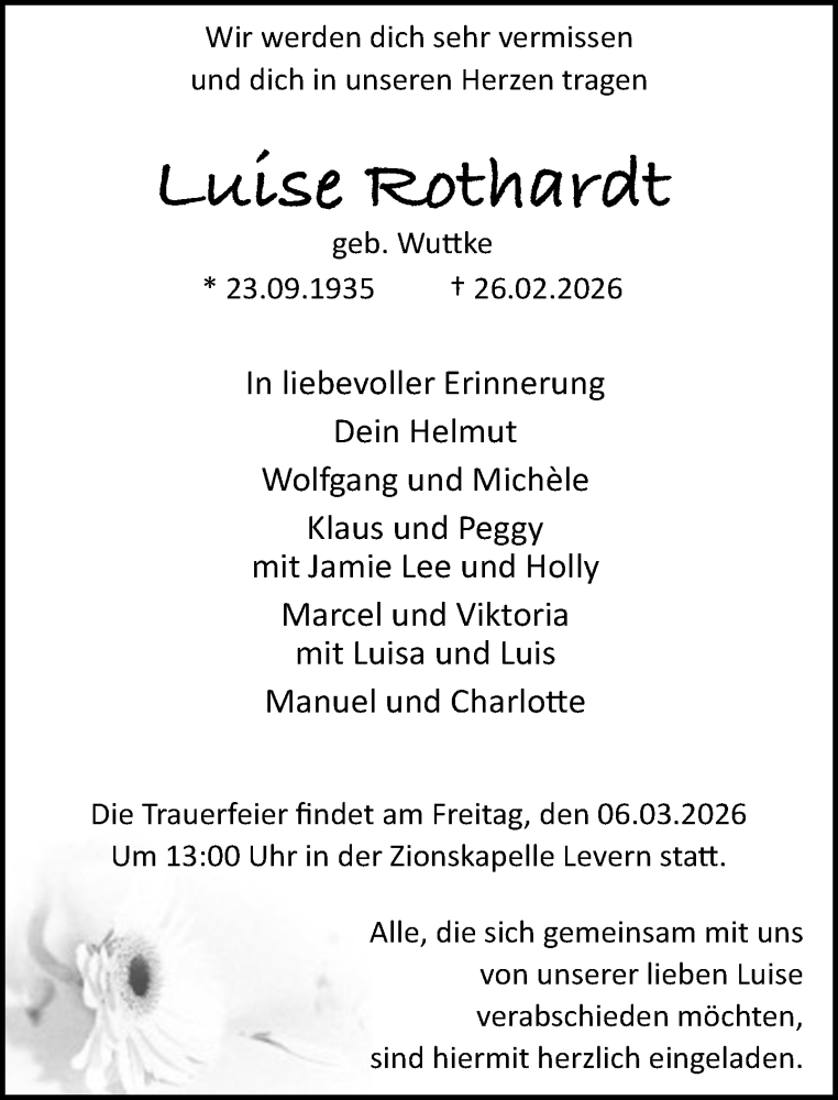  Traueranzeige für Luise Rothardt vom 28.02.2026 aus Neue Westfälische und Westfalen-Blatt