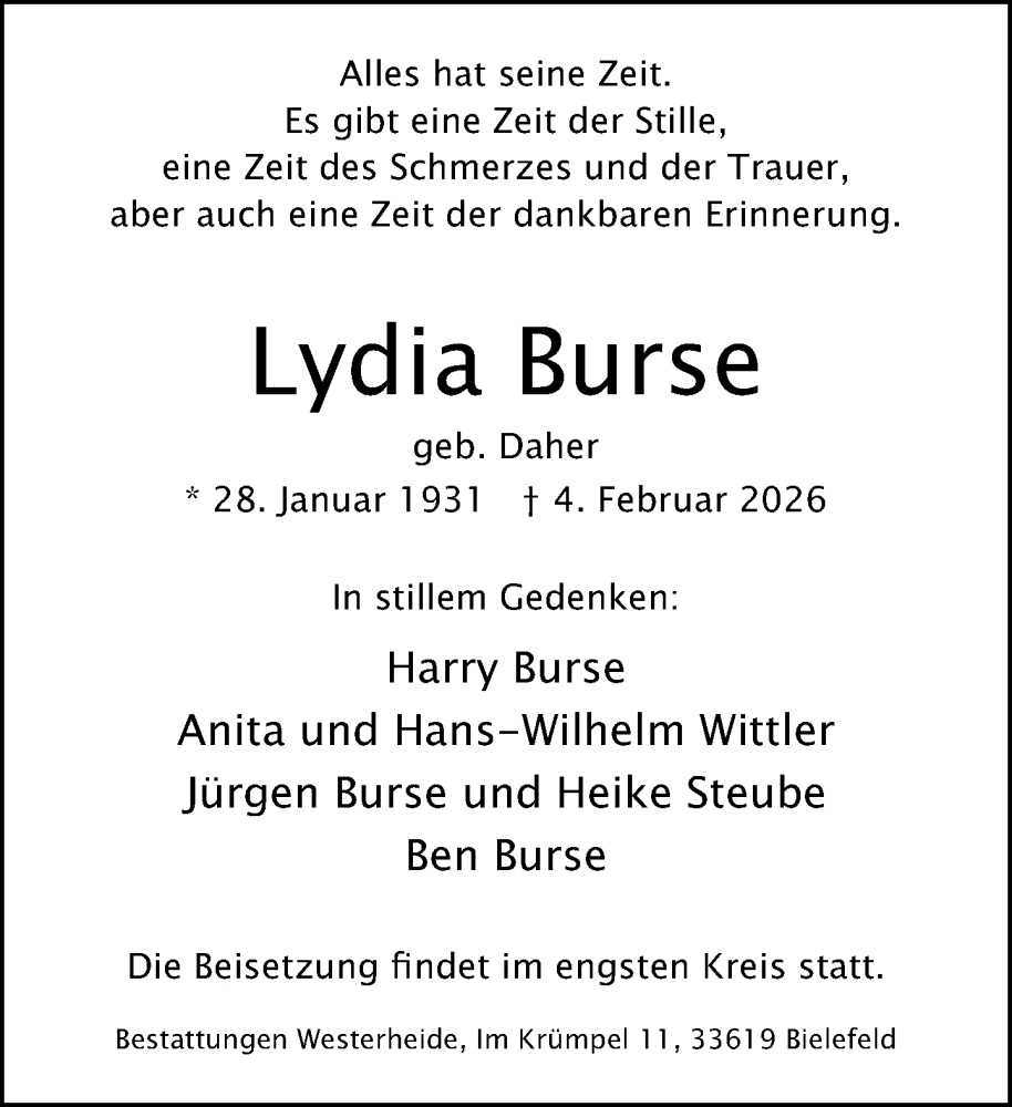  Traueranzeige für Lydia Burse vom 07.02.2026 aus Neue Westfälische und Westfalen-Blatt