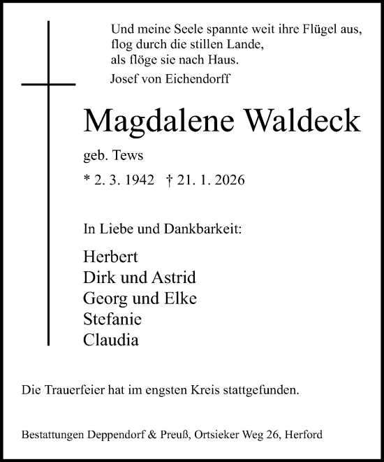 Traueranzeige von Magdalene Waldeck von Neue Westfälische und Westfalen-Blatt