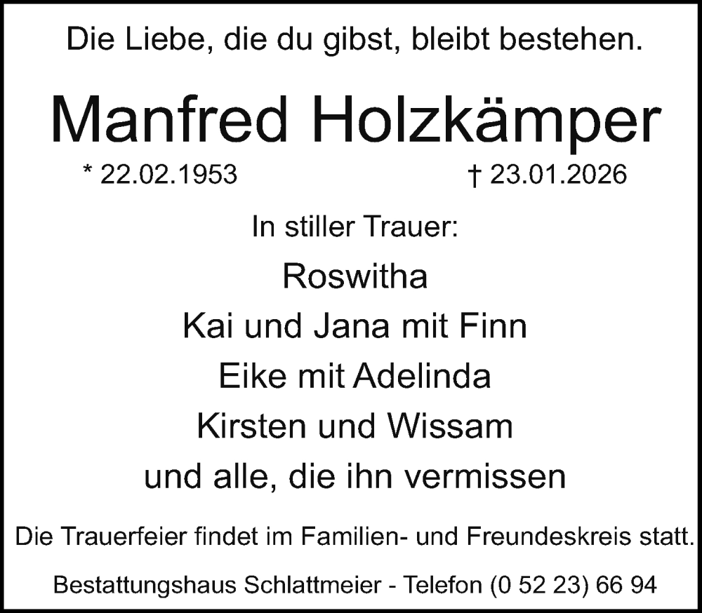  Traueranzeige für Manfred Holzkämper vom 27.01.2026 aus Neue Westfälische und Westfalen-Blatt