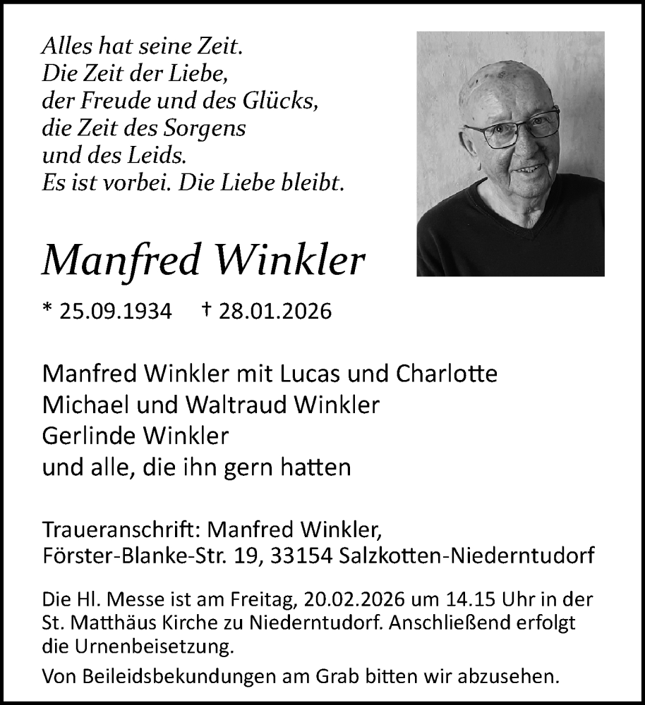  Traueranzeige für Manfred Winkler vom 07.02.2026 aus Neue Westfälische und Westfalen-Blatt