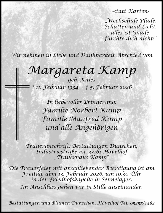 Traueranzeige von Margareta Kamp von Neue Westfälische und Westfalen-Blatt