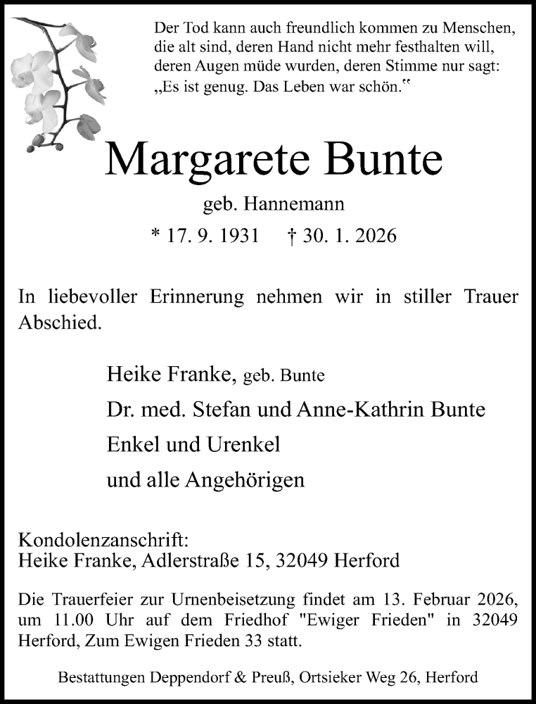  Traueranzeige für Margarete Bunte vom 07.02.2026 aus Neue Westfälische und Westfalen-Blatt