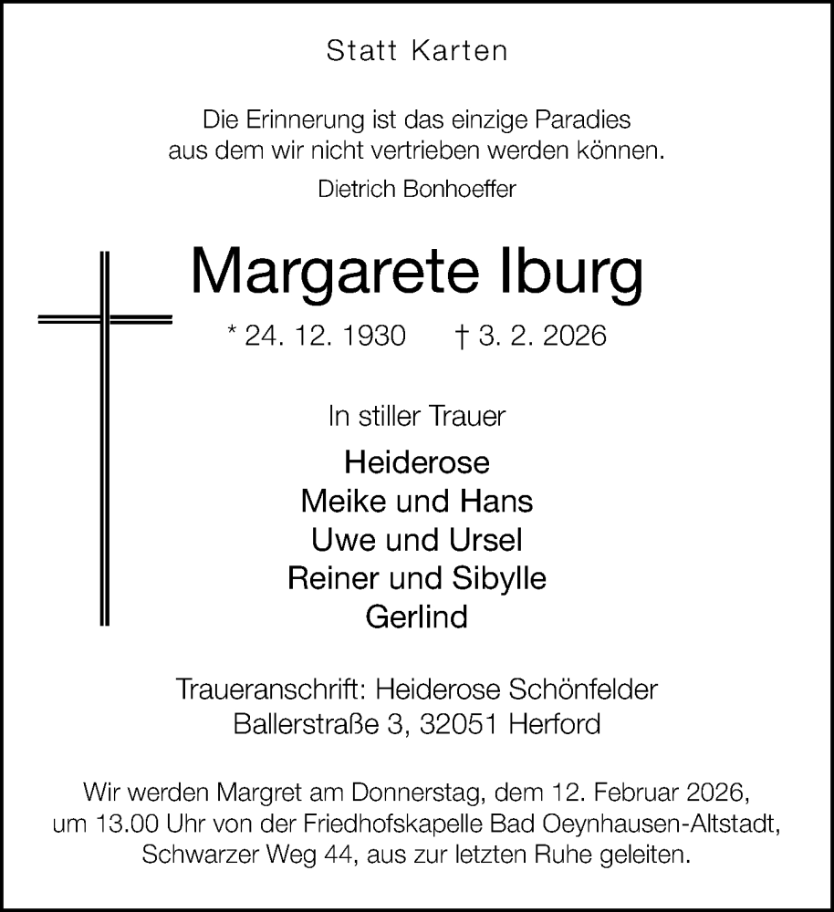  Traueranzeige für Margarete Iburg vom 07.02.2026 aus Neue Westfälische und Westfalen-Blatt