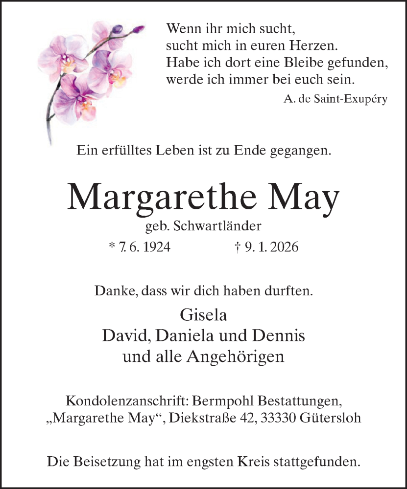  Traueranzeige für Margarethe May vom 02.02.2026 aus Neue Westfälische und Westfalen-Blatt
