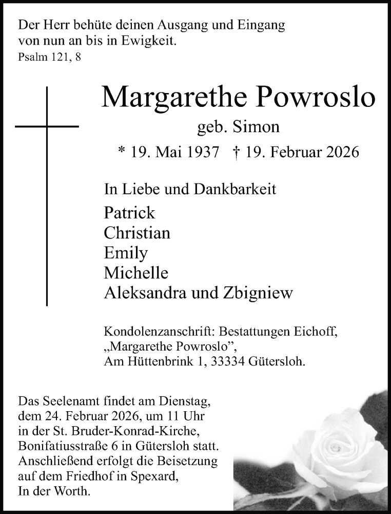  Traueranzeige für Margarethe Powroslo vom 21.02.2026 aus Neue Westfälische und Westfalen-Blatt