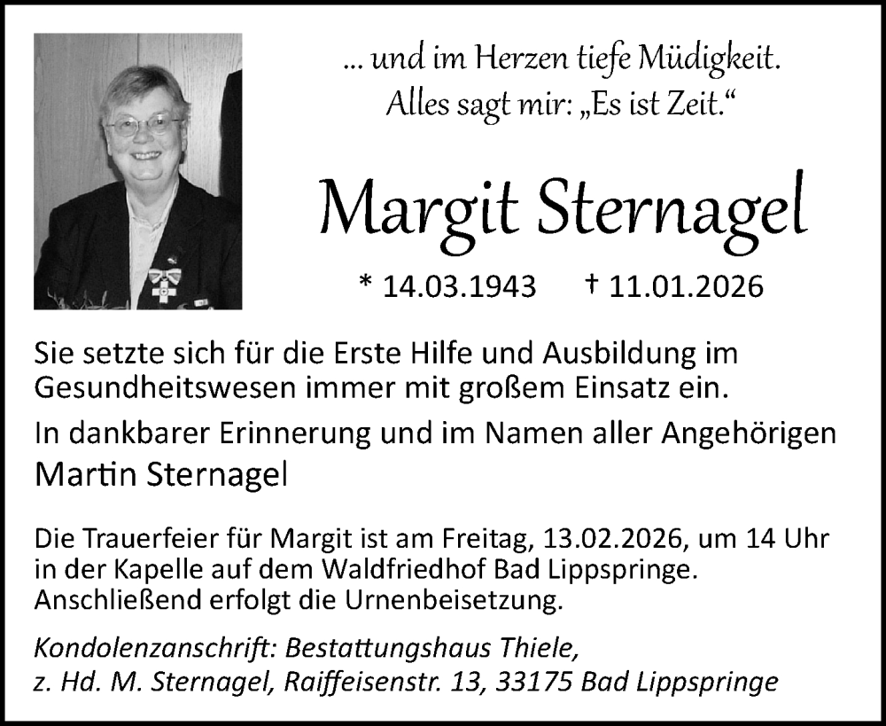  Traueranzeige für Margit Sternagel vom 07.02.2026 aus Neue Westfälische und Westfalen-Blatt