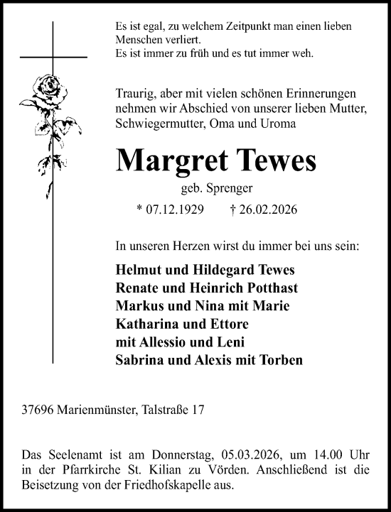 Traueranzeige von Margret Tewes von Neue Westfälische und Westfalen-Blatt