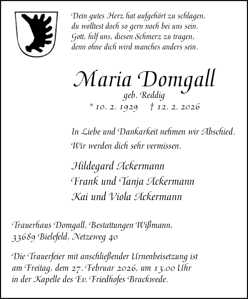  Traueranzeige für Maria Domgall vom 14.02.2026 aus Neue Westfälische und Westfalen-Blatt