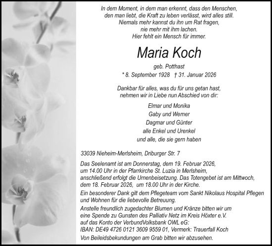 Traueranzeige von Maria Koch von Neue Westfälische und Westfalen-Blatt