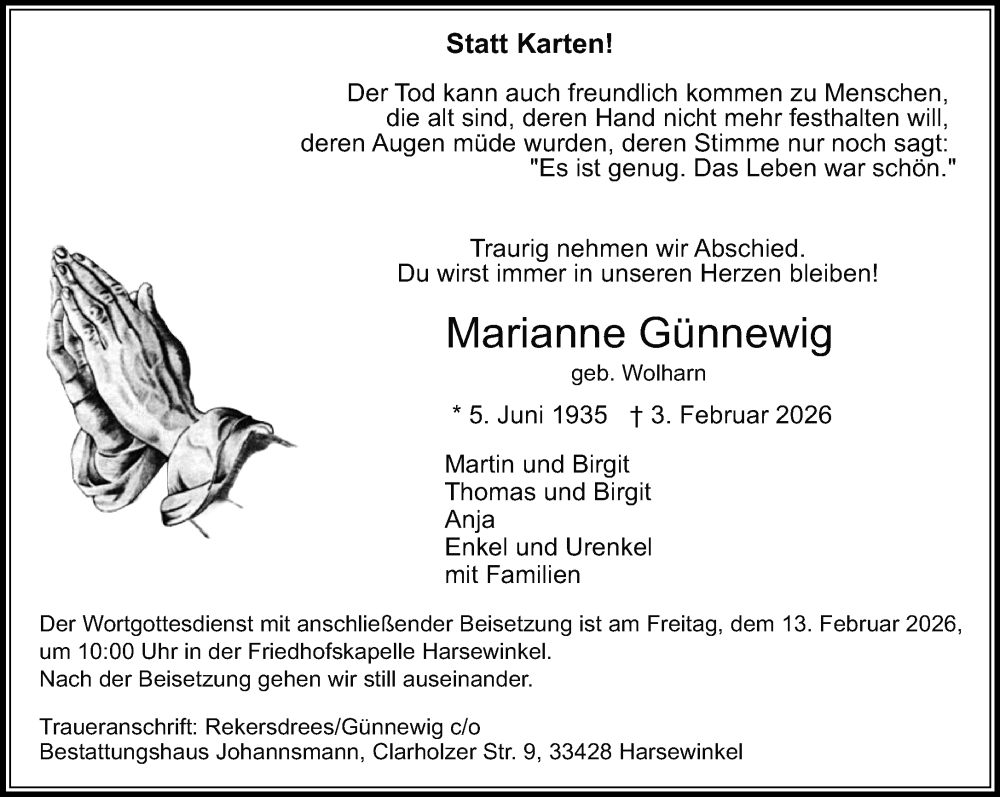  Traueranzeige für Marianne Günnewig vom 07.02.2026 aus Neue Westfälische und Westfalen-Blatt