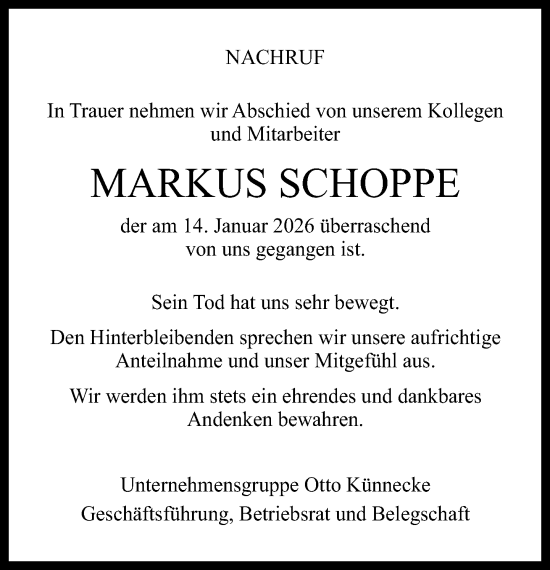 Traueranzeige von Markus Schoppe von Neue Westfälische und Westfalen-Blatt