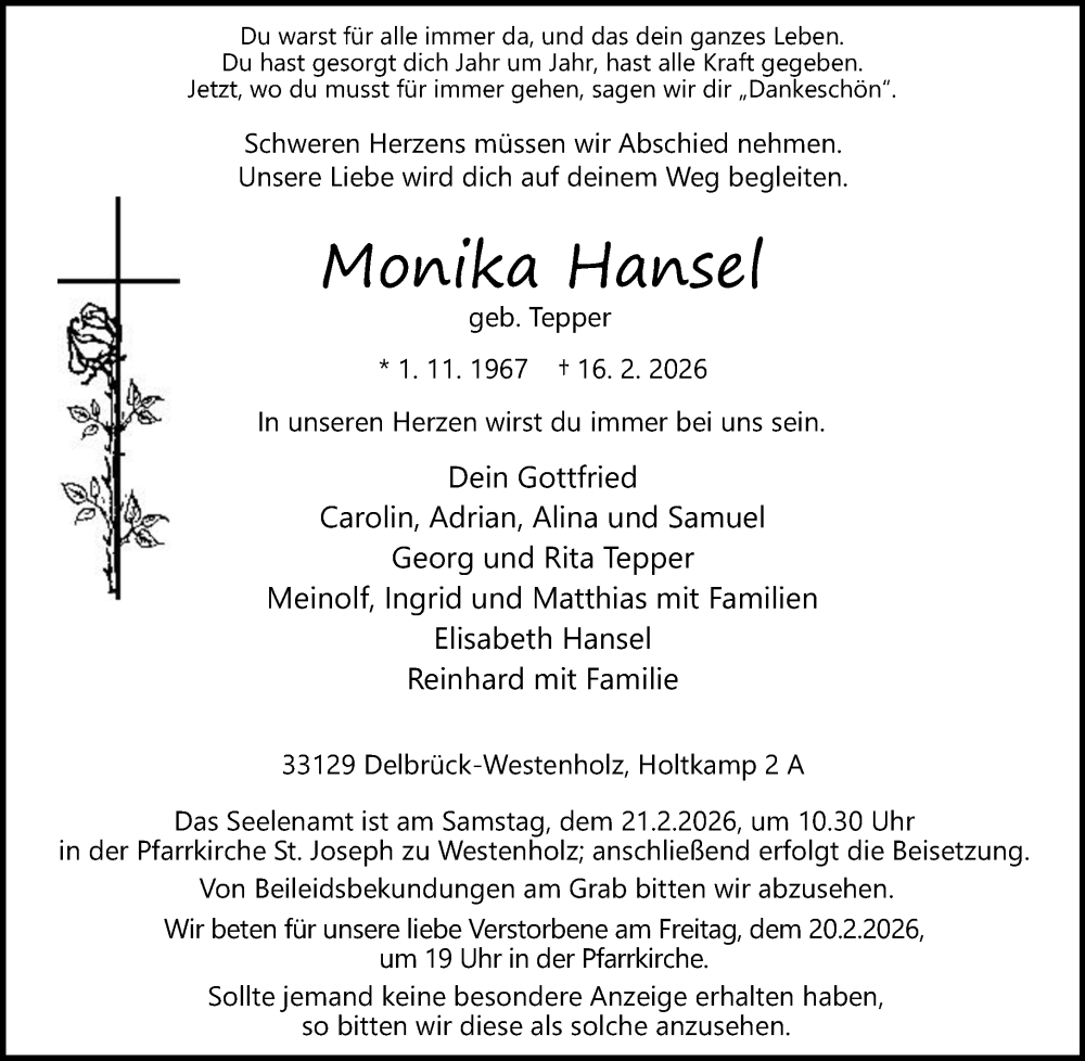  Traueranzeige für Monika Hansel vom 18.02.2026 aus Neue Westfälische und Westfalen-Blatt