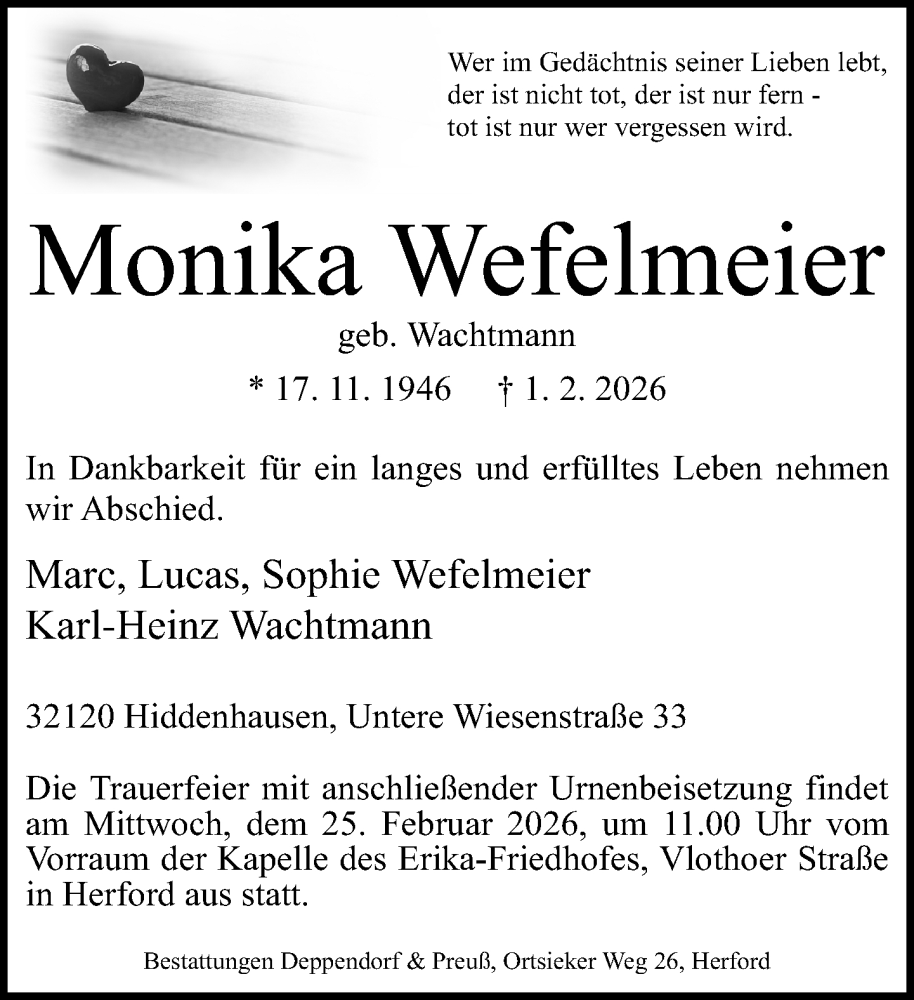  Traueranzeige für Monika Wefelmeier vom 07.02.2026 aus Neue Westfälische und Westfalen-Blatt