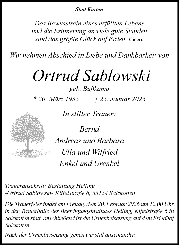  Traueranzeige für Ortrud Sablowski vom 14.02.2026 aus Neue Westfälische und Westfalen-Blatt