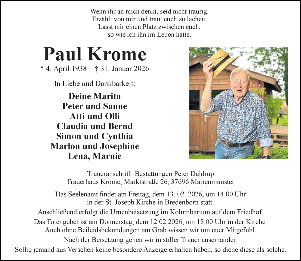  Traueranzeige für Paul Krome vom 03.02.2026 aus Neue Westfälische und Westfalen-Blatt