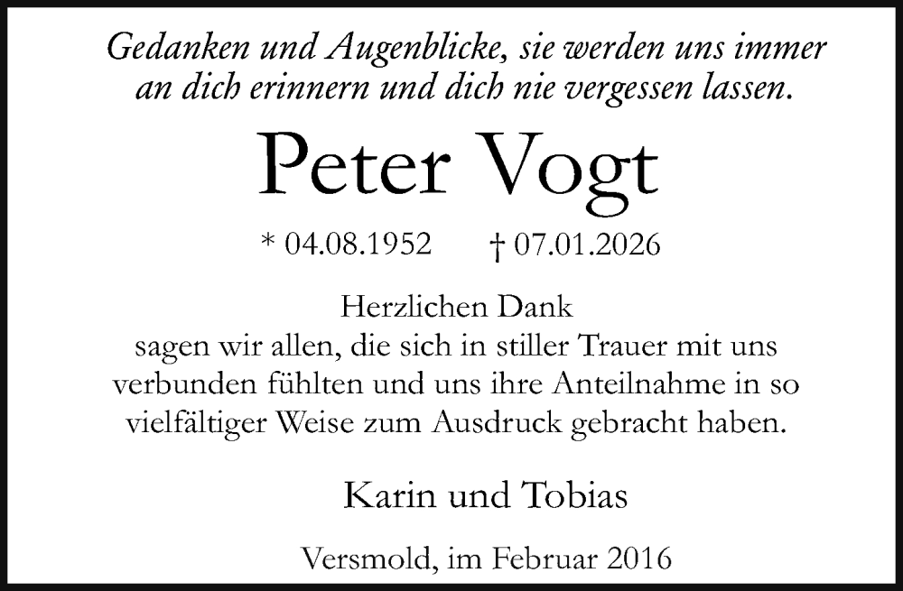  Traueranzeige für Peter Vogt vom 13.02.2026 aus Neue Westfälische und Westfalen-Blatt